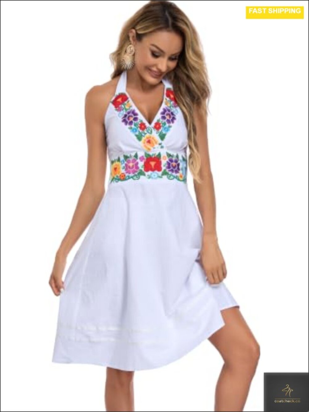 Bevrindalo Women's Mexican Embroidered Boho Floral Halter V Neck Summer Sun